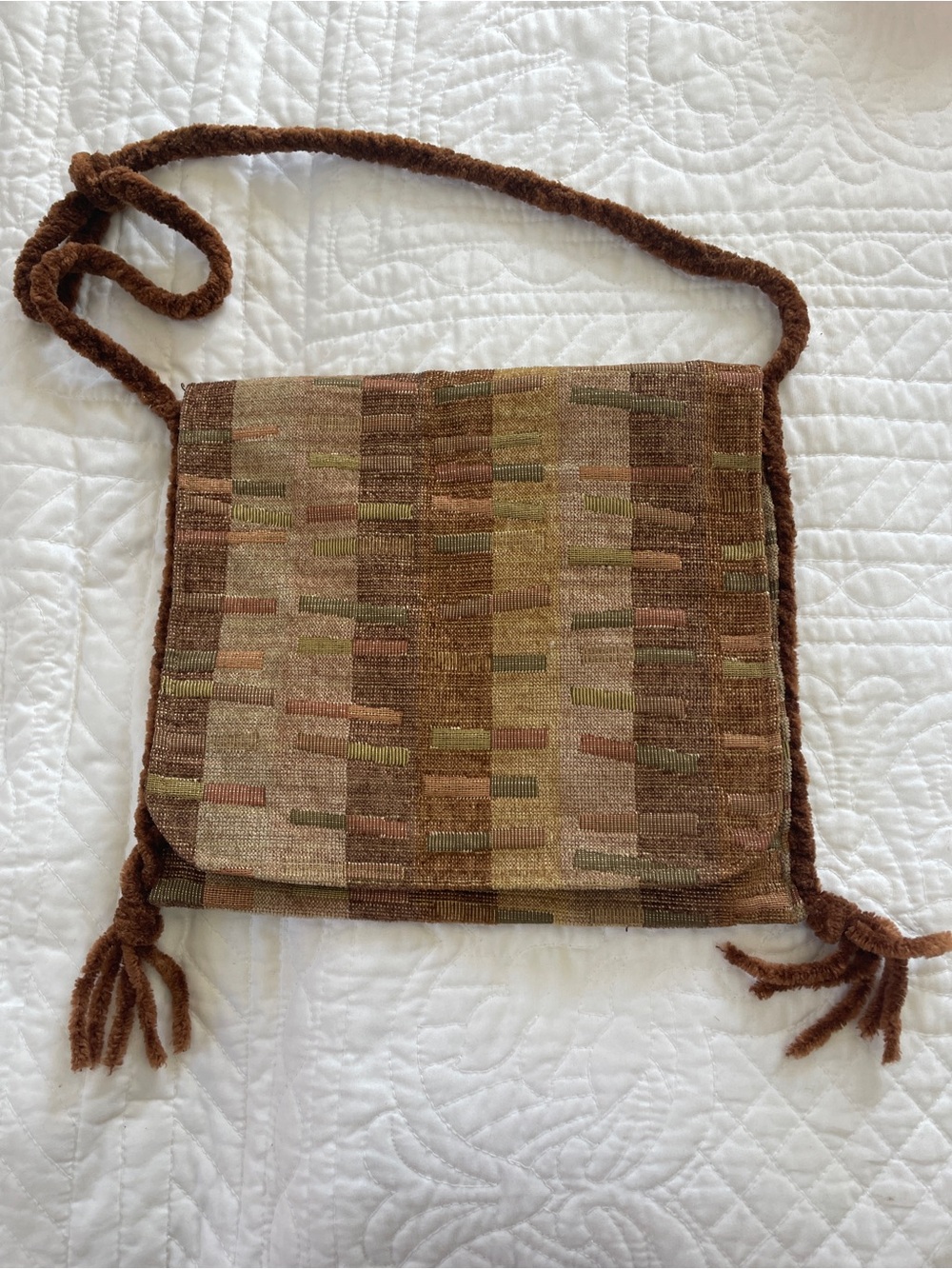 Vintage 70s Handmade Woven Tapestry Crossbody Bag in Brown and Tan